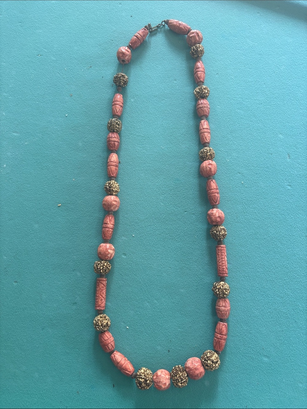 Vintage rare Chinese Carved Cinnabar coral  Bead gold bead necklace - Picture 5 of 7